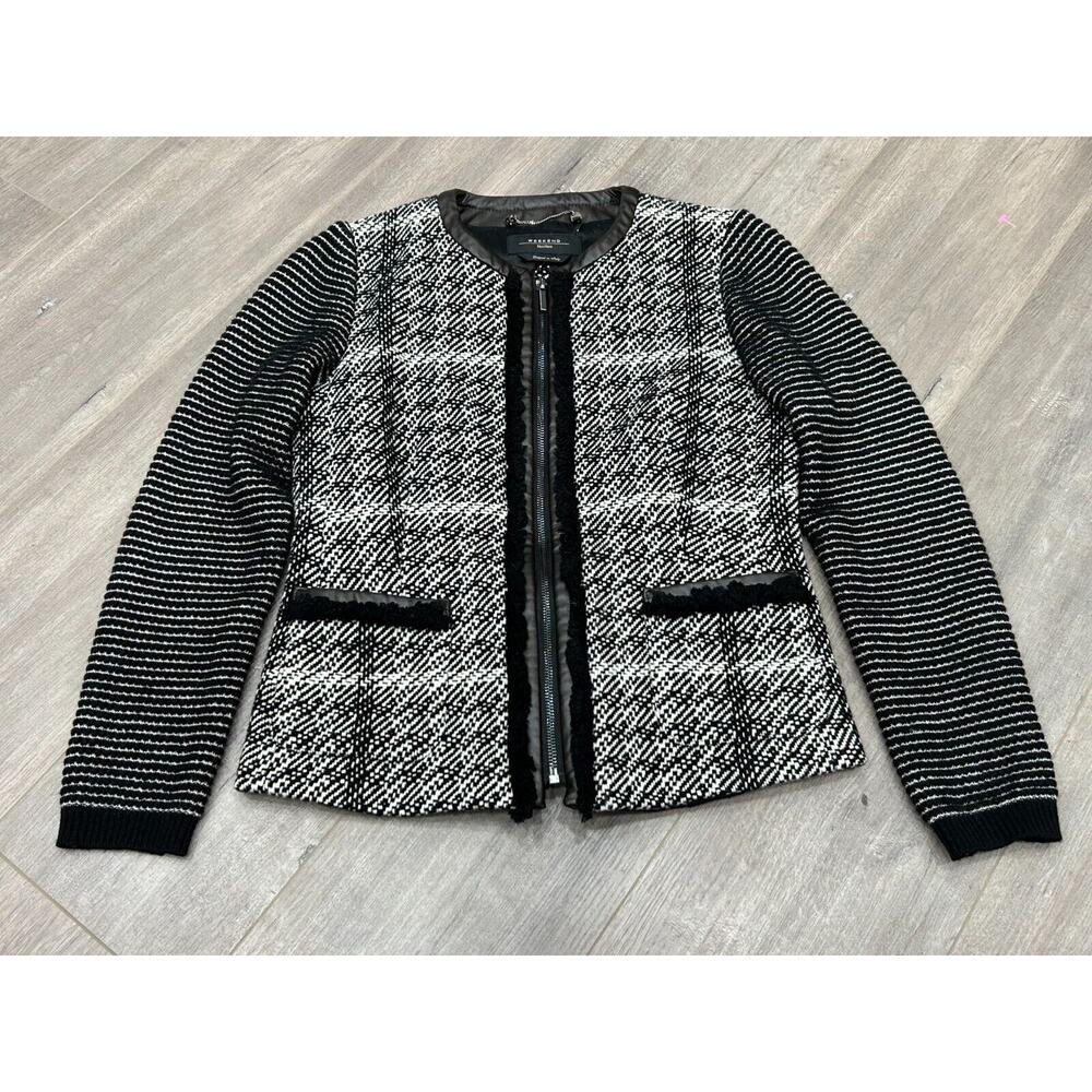 MaxMara Weekend Women's Black & White Tweed Leather Trim Full Zip Jacket Size 10